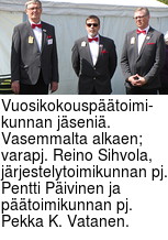 Vuosikokousptoimi- kunnan jseni. Vasemmalta alkaen; varapj. Reino Sihvola,  jrjestelytoimikunnan pj. Pentti Pivinen ja ptoimikunnan pj. Pekka K. Vatanen.