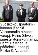 Vuosikokousptoimi- kunnan jseni. Vasemmalta alkaen; varapj. Reino Sihvola,  jrjestelytoimikunnan pj. Pentti Pivinen ja ptoimikunnan pj. Pekka K. Vatanen.