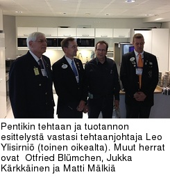 Pentikin tehtaan ja tuotannon esittelyst vastasi tehtaanjohtaja Leo Ylisirni (toinen oikealta). Muut herrat ovat  Otfried Blmchen, Jukka Krkkinen ja Matti Mlki