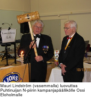Mauri Lindstrm (vasemmalla) luovuttaa Puhtinuijan N-piirin kampanjaplliklle Ossi Eloholmalle