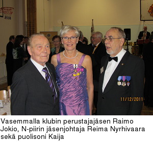 Vasemmalla klubin perustajajsen Raimo Jokio, N-piirin jsenjohtaja Reima Nyrhivaara sek puolisoni Kaija